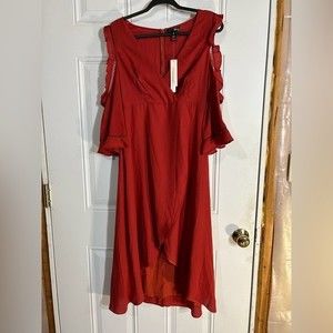 NWT Aqua Red-Orange Open Shoulder Ruffle Sleeve Maxi Dress, small